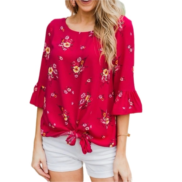 LIFE IN A FAIRYTALE FLORAL‎ FRONT TIE TOP- FUCHSIA - Picture 1 of 14